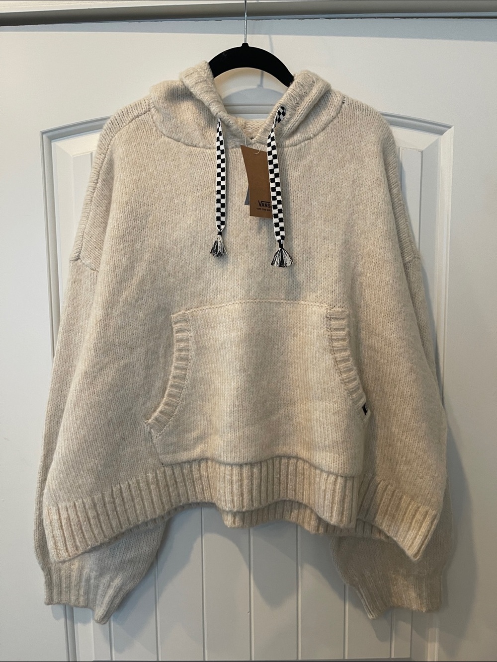 Vans Cream Knit Hoodie with Checker Drawstrings
